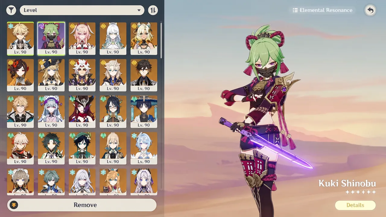 Elemental Resonance screen with Kuki Shinobu selected in the party roster