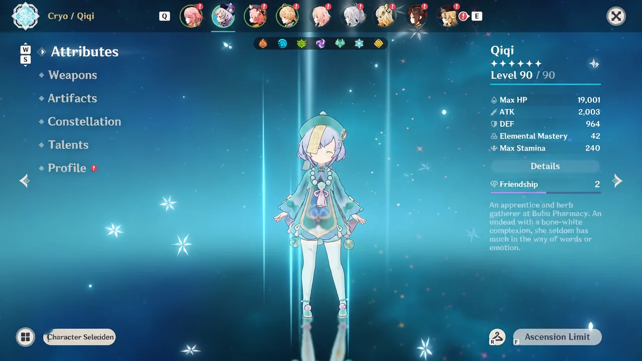 Attributes tab showing Qiqi's character stats and details