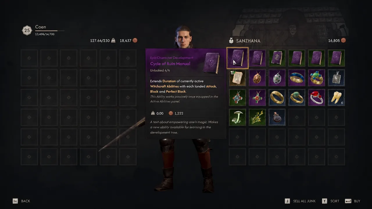 Inventory screen with the Cycle of Ruin Manual selected and its item details shown