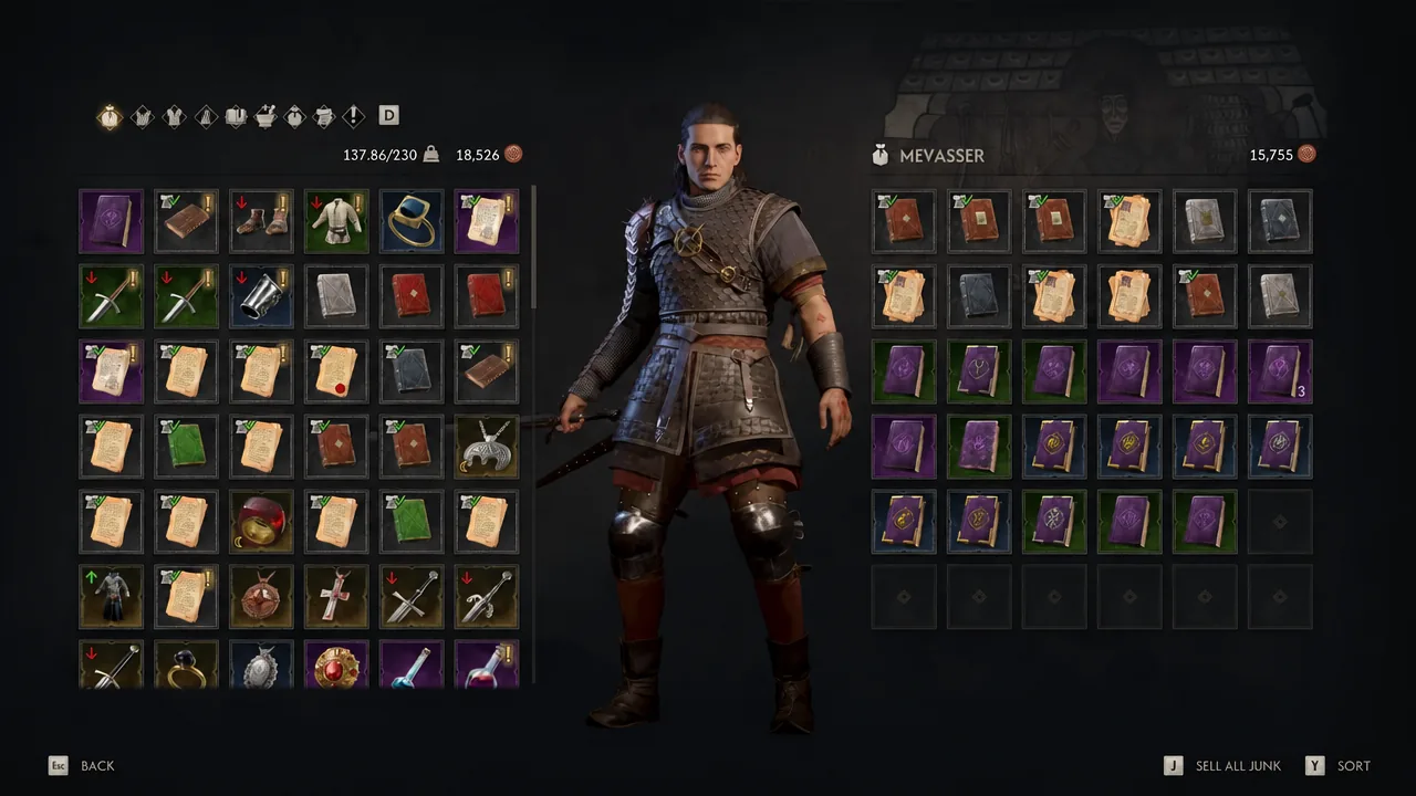 Mevasser's trade screen with the player moving gear between inventories