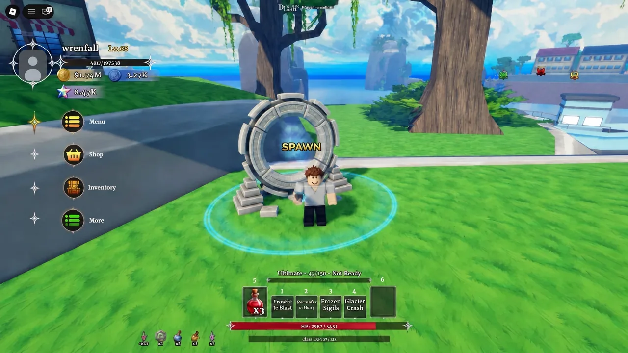 Dungeon Lootr lobby with the spawn portal ahead and the Menu, Shop, and Inventory buttons on the left
