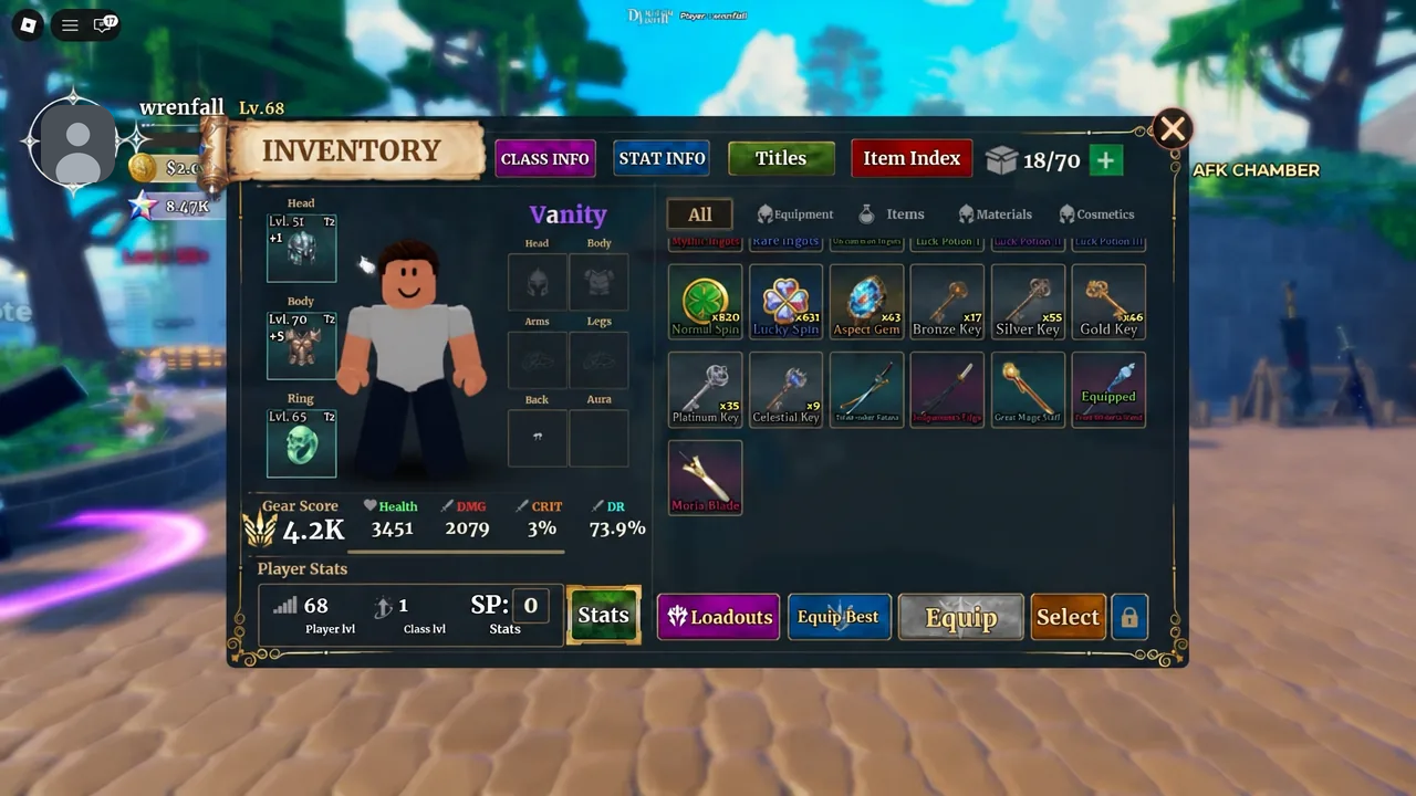 Inventory open on the All tab showing equipped gear and stored items