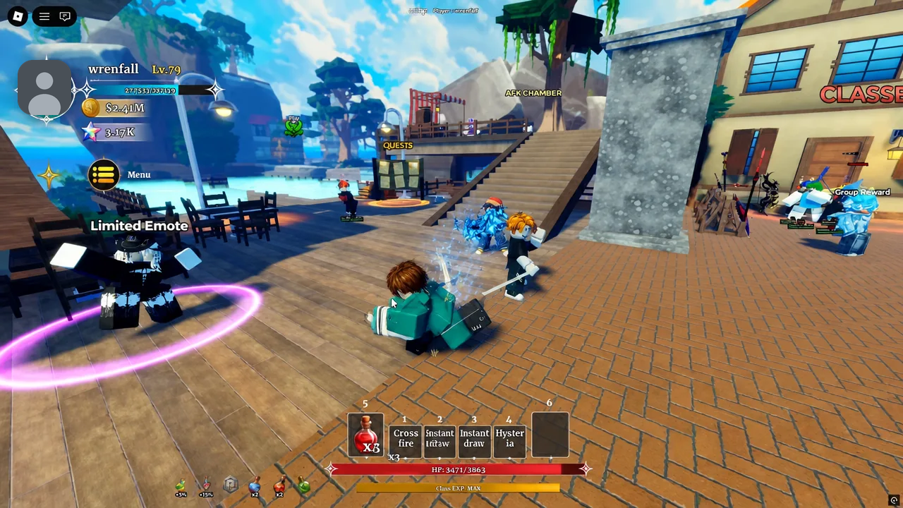 Hub area near the Quests board and AFK Chamber with the Menu button visible