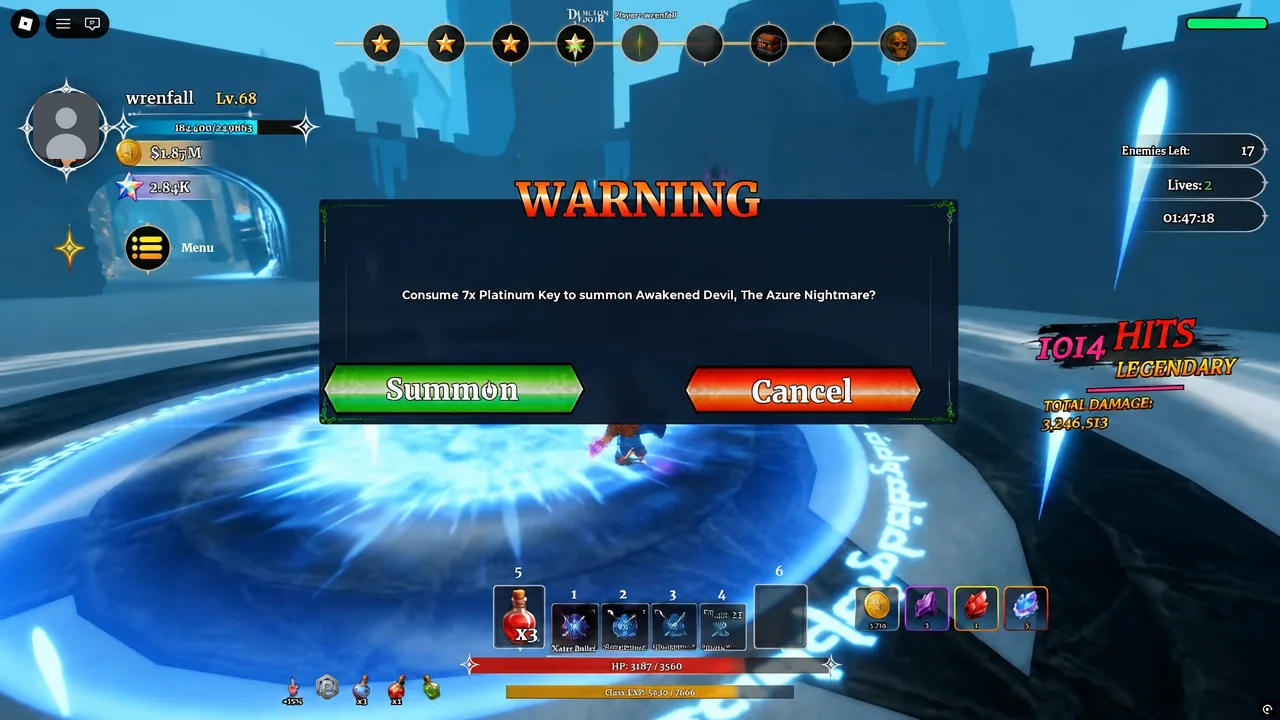 Warning dialog asking to spend 7x Platinum Key to summon Awakened Devil