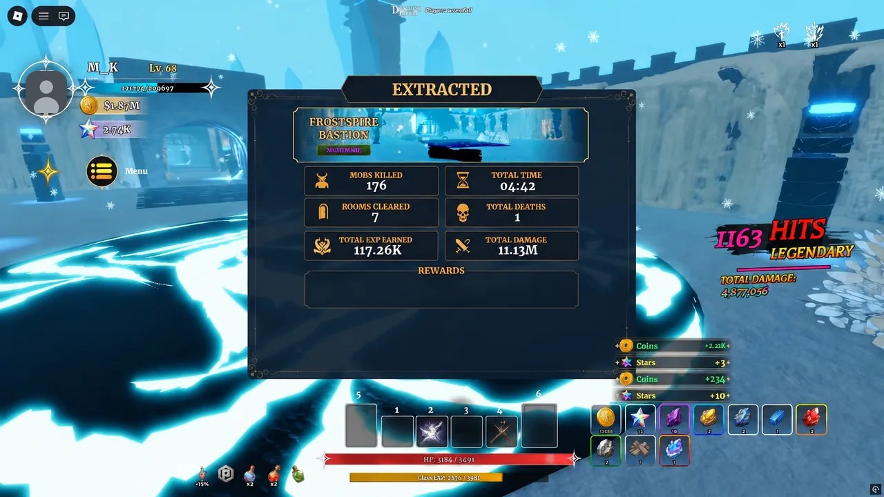 Frostspire Bastion results screen listing run statistics and rewards