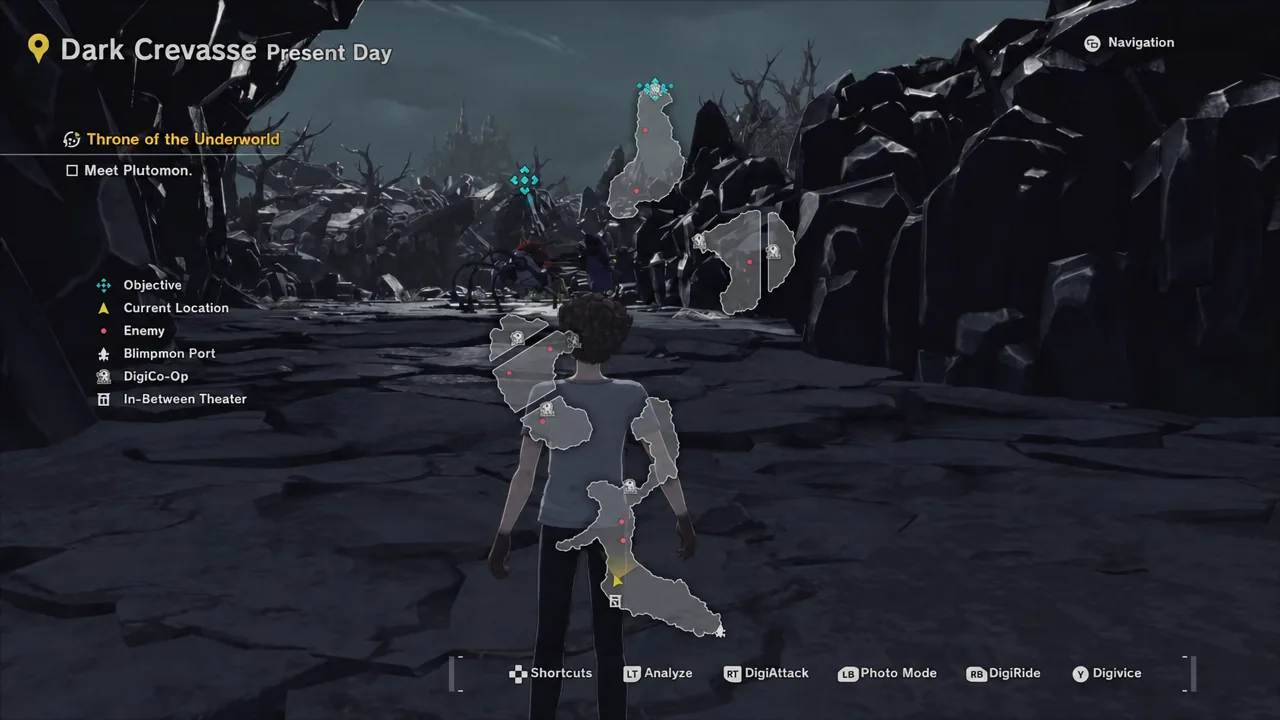 Dark Crevasse Present Day with the Throne of the Underworld quest tracker showing the Meet Plutomon objective
