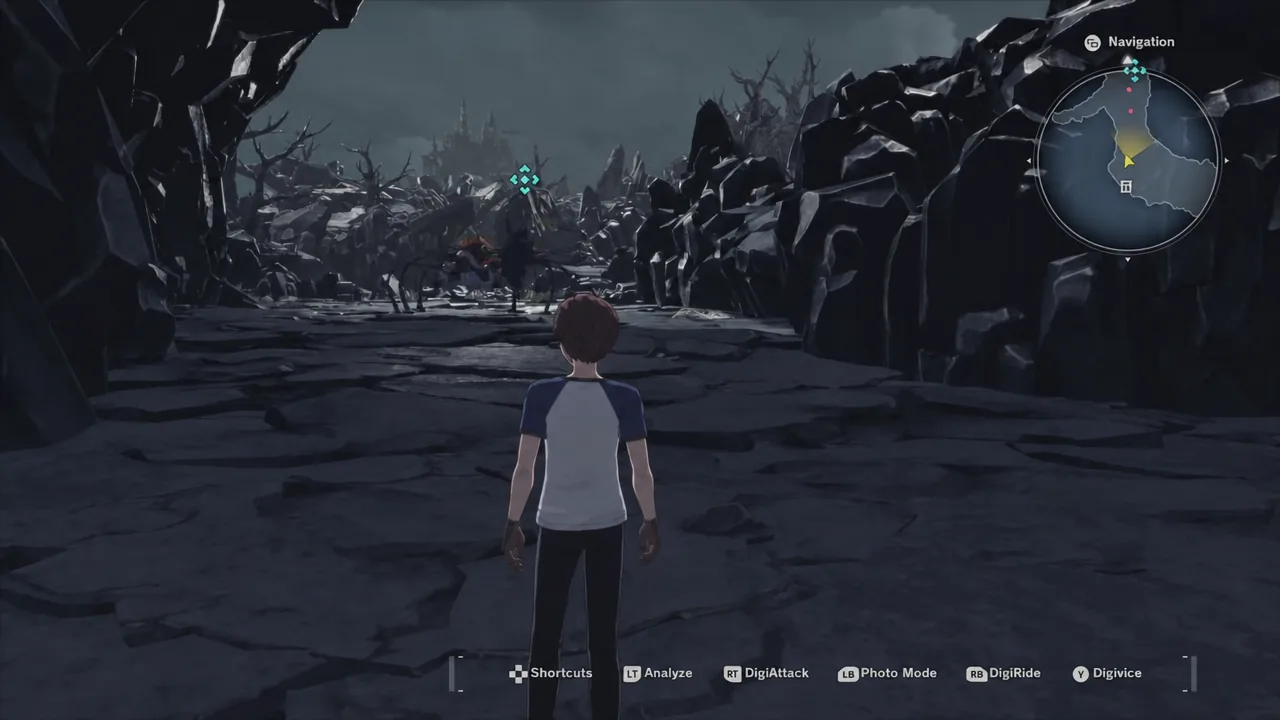 A cyan waypoint marker points ahead across the rocky Dark Field path as the player advances