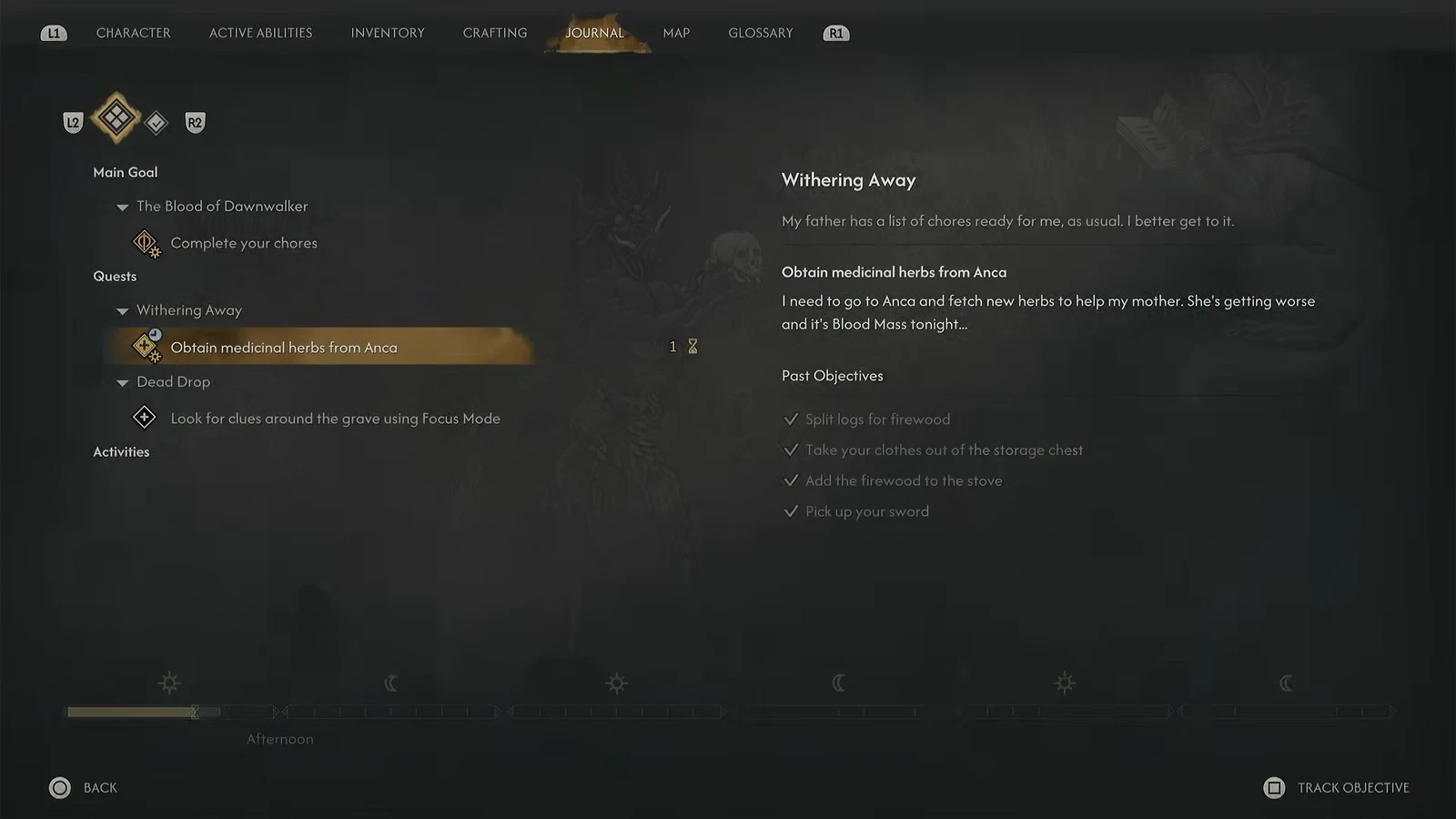The Journal screen showing a tracked quest objective alongside past objectives