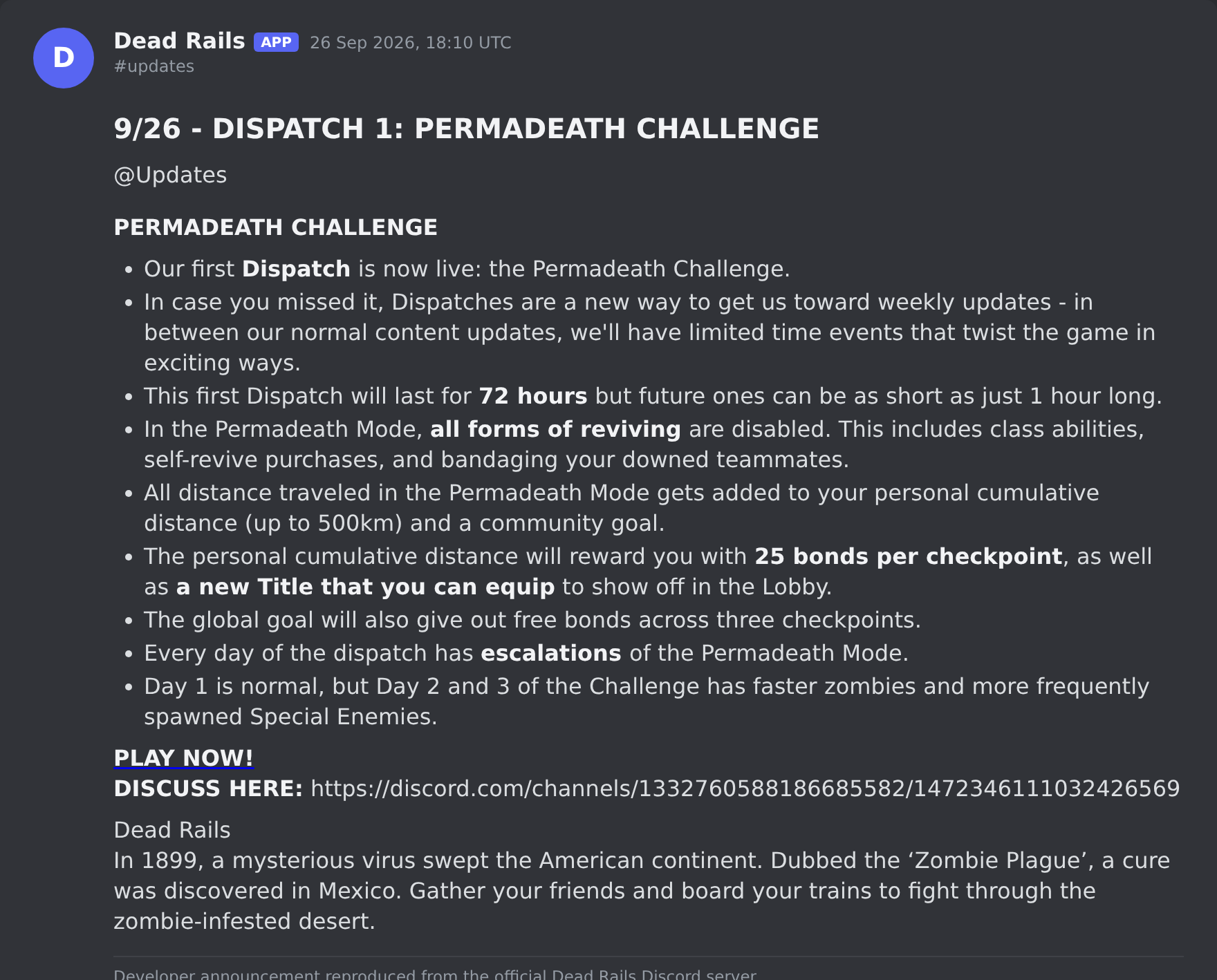 The Dead Rails update post in the game's Discord server