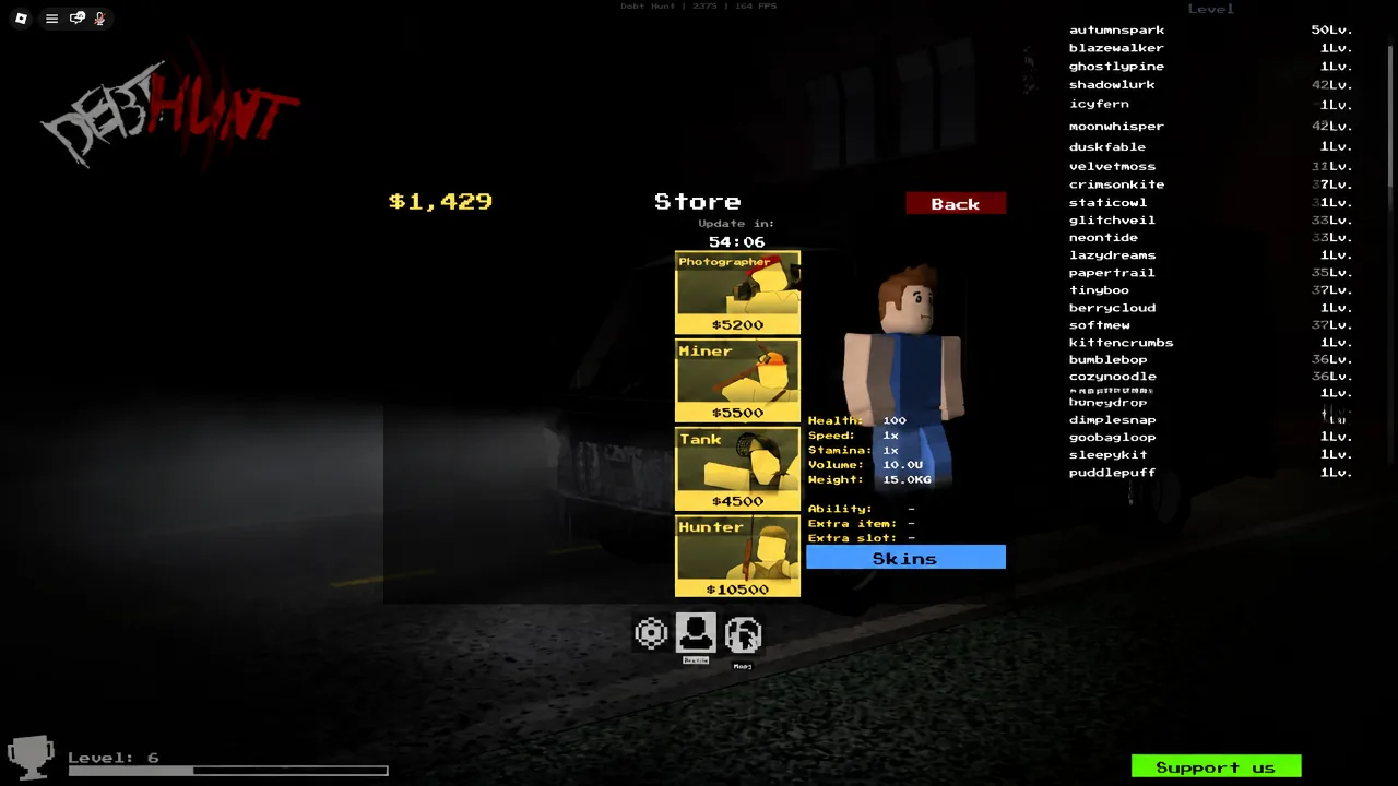 Debt Hunt lobby store showing character roles and their prices