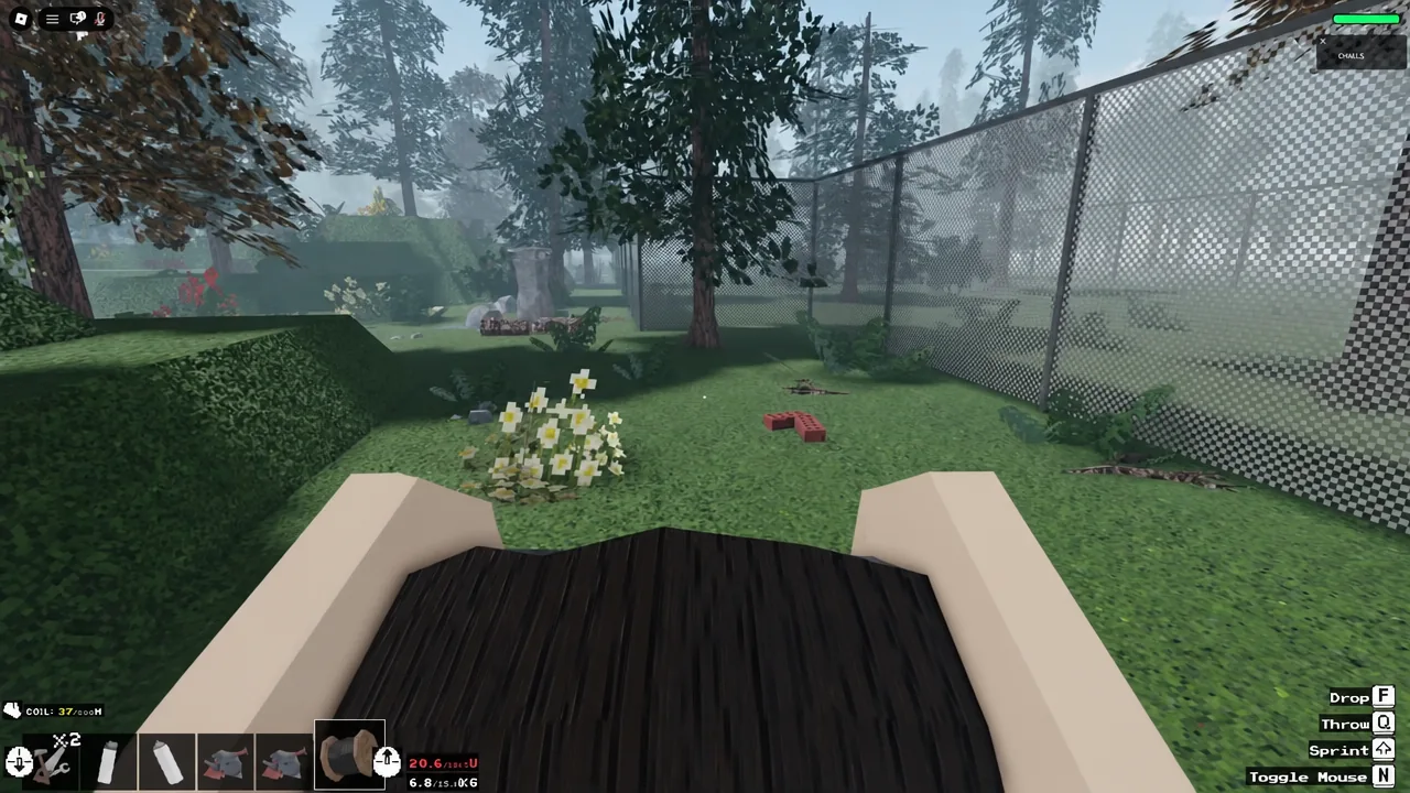 Player holding a hotbar item while walking a fenced path back toward camp