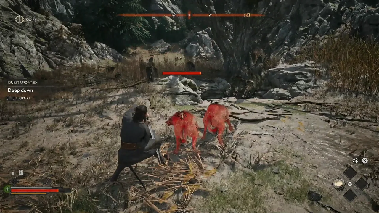 Coen fighting two wolves by the pit as the Deep down journal update appears on screen