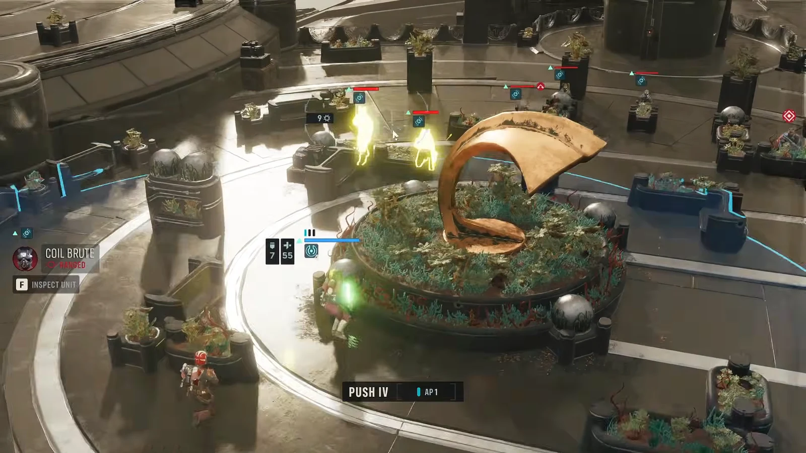 Push IV ability in progress as the squad advances through the citadel garden toward a Coil Brute