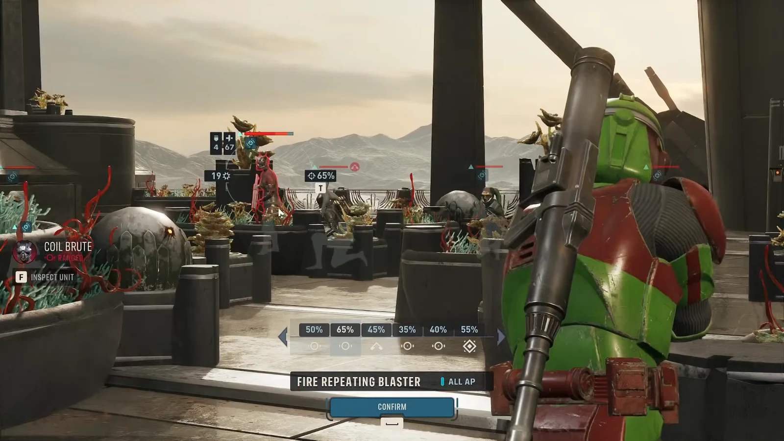 Attack menu showing Fire Repeating Blaster with hit chance percentages against a Coil Brute