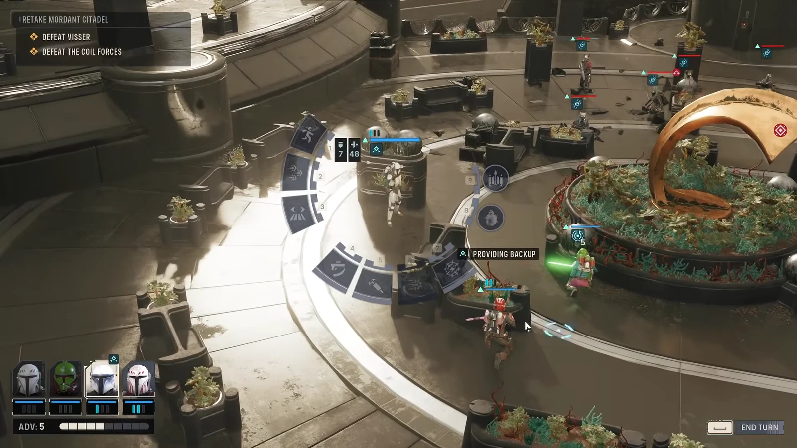 Radial ability menu open during Retake Mordant Citadel while an operator uses Providing Backup