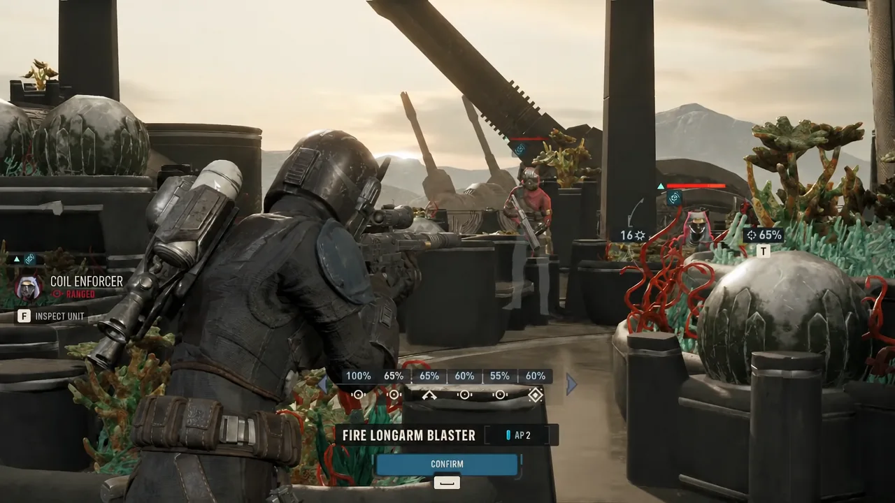 Weapon selection wheel with Fire Longarm Blaster highlighted and a Confirm prompt