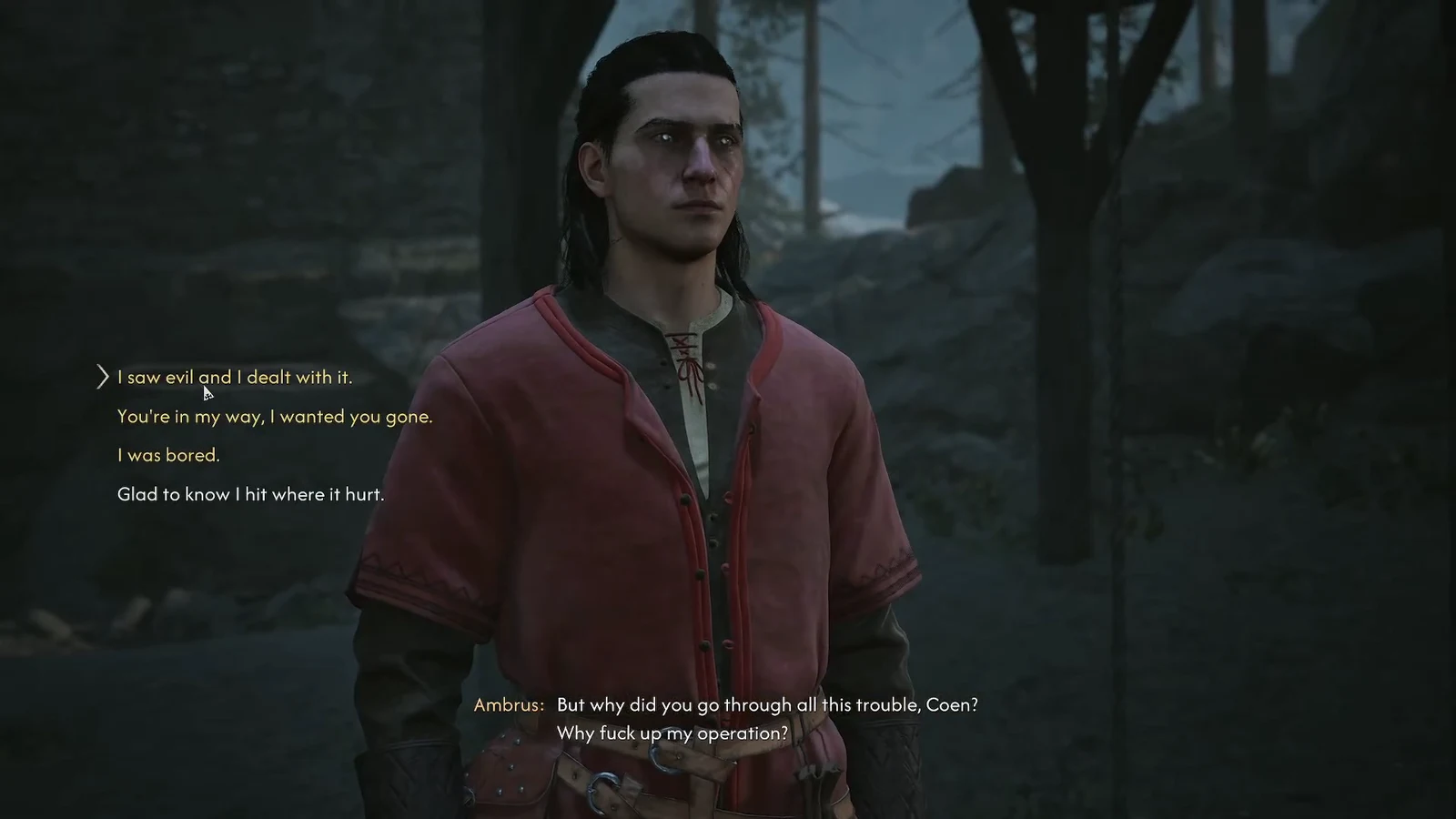 Dialogue menu open during the duel standoff with a reply highlighted