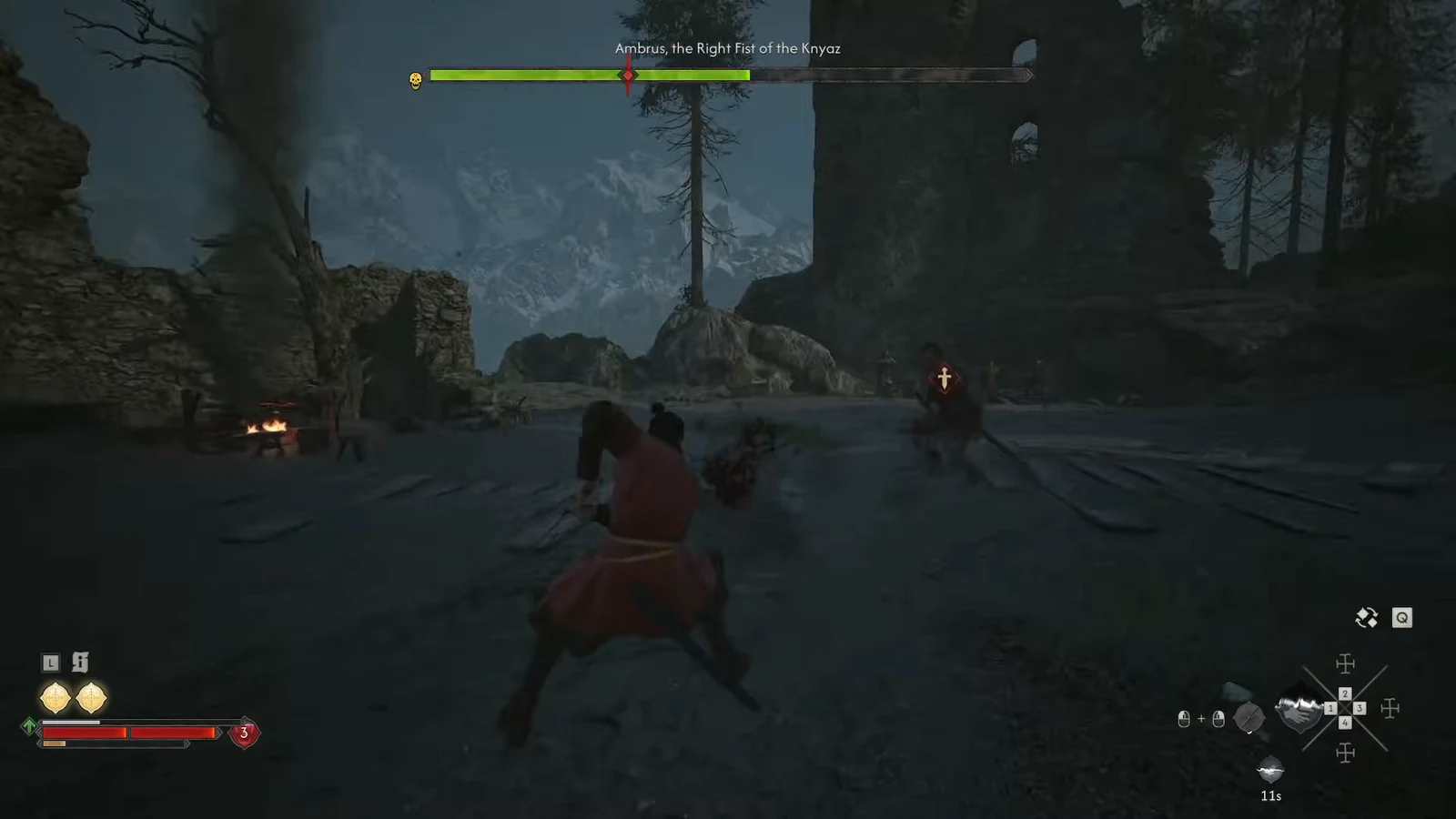Combat against Ambrus, the Right Fist of the Knyaz, with the boss health bar on screen