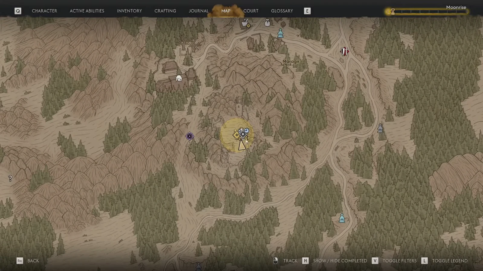 Map screen with the duel objective marker highlighted inside a yellow search area