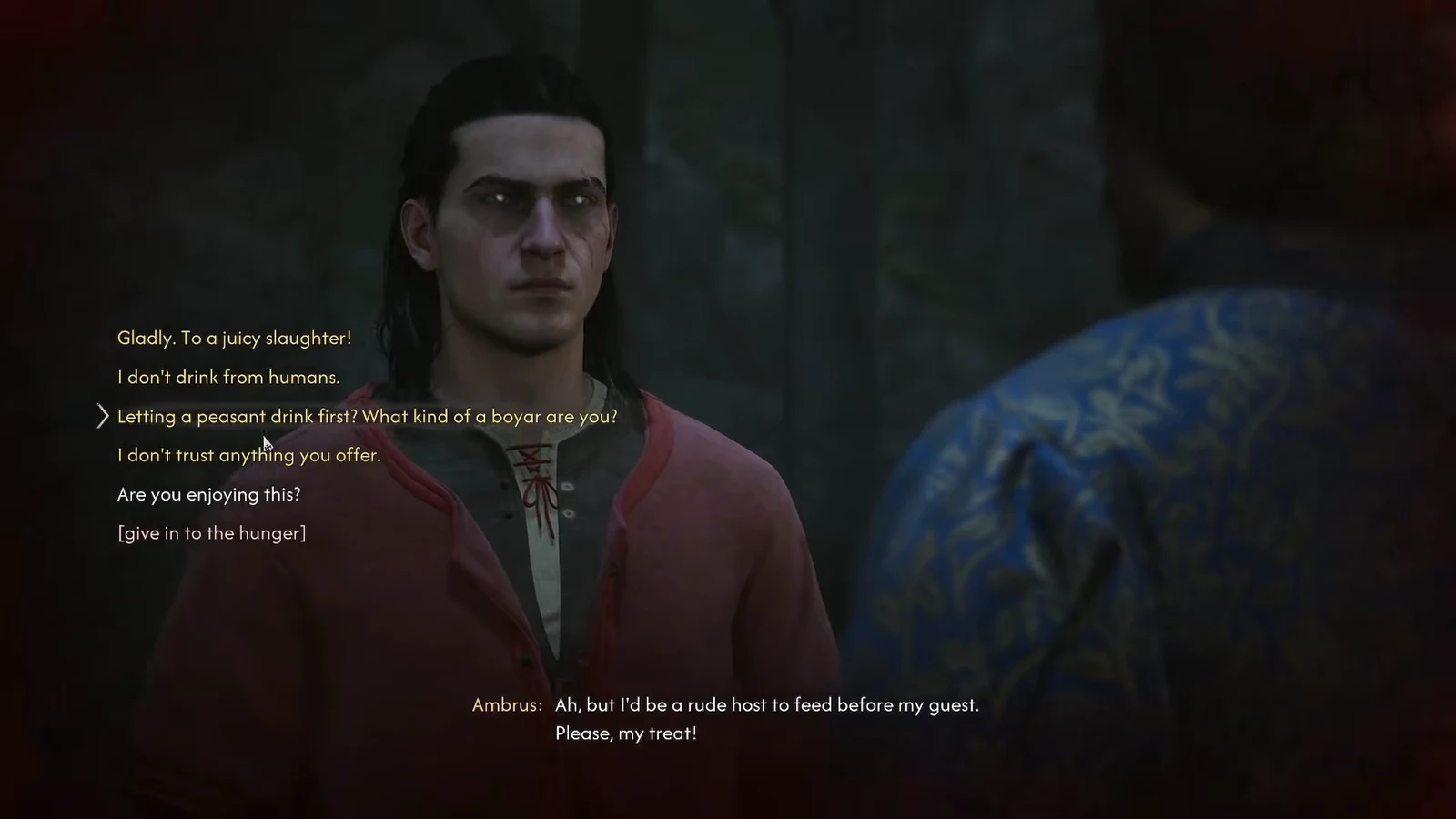 Dialogue options for Ambrus's drink offer with the boyar taunt highlighted