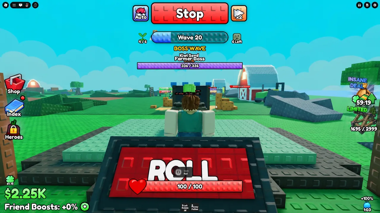 Wave 20 boss screen with the Roll button highlighted during the Kiwi Seed Farmer Boss fight
