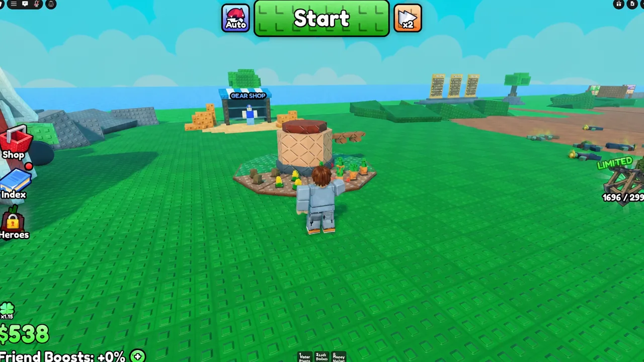 Ring farm layout during a round with the wave start control at the top of the screen