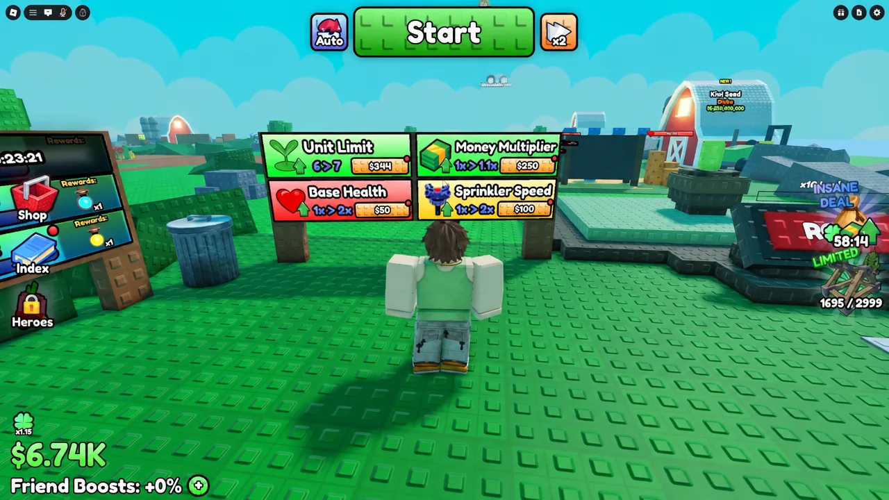 Stat upgrade panel open beside the farm while swapping a Carrot Seed for an Onion Seed