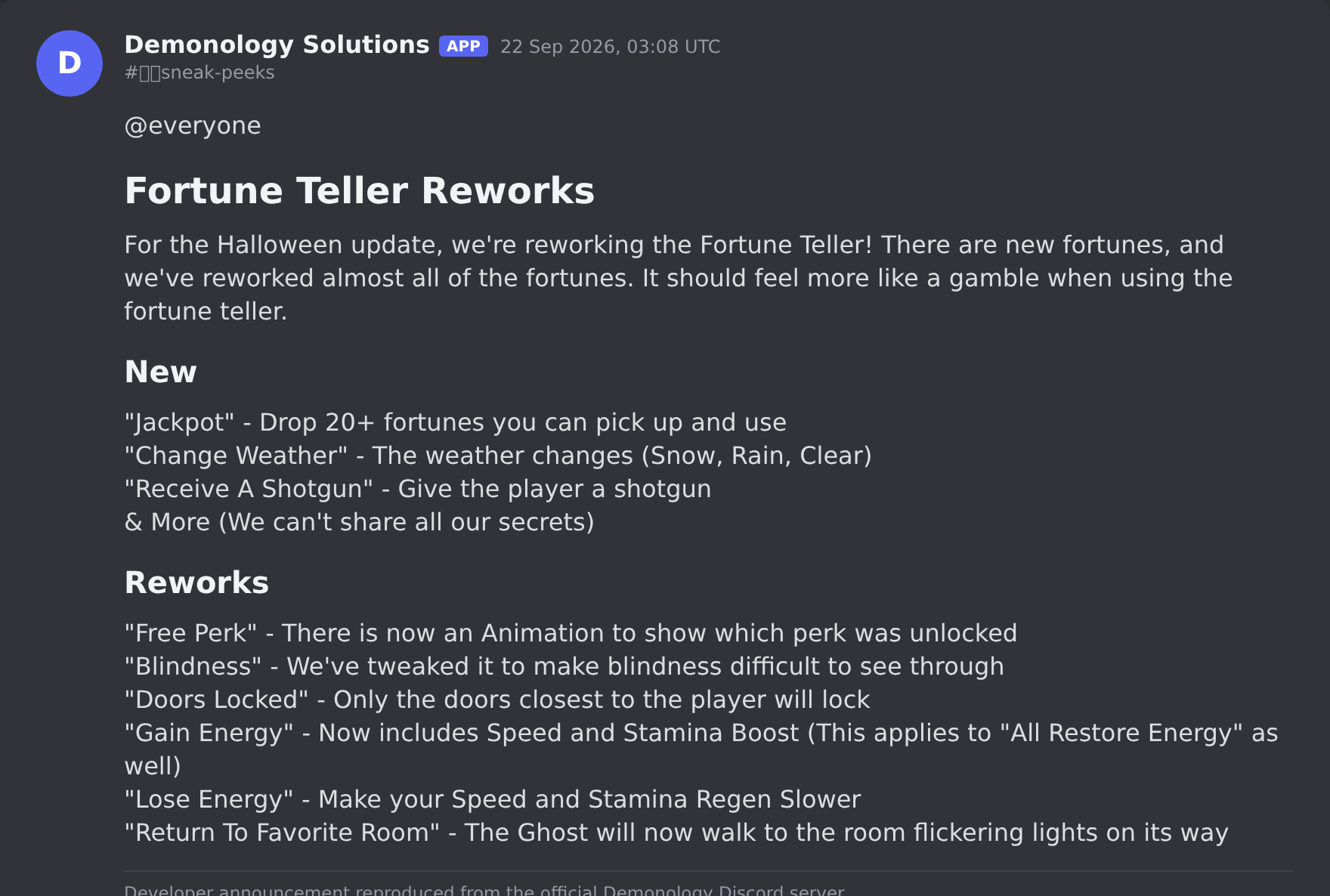 The developer's announcement in the official Demonology Discord server