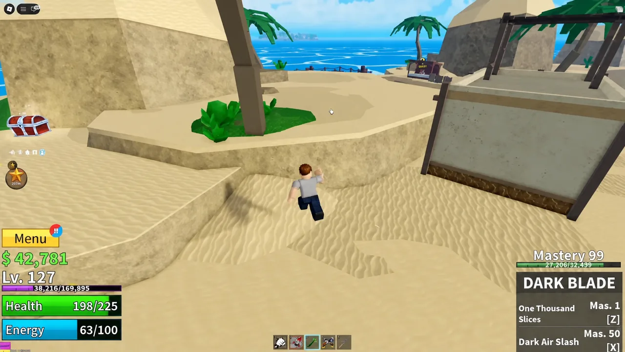 Player running across the open sand of Desert Island between cactus spawns