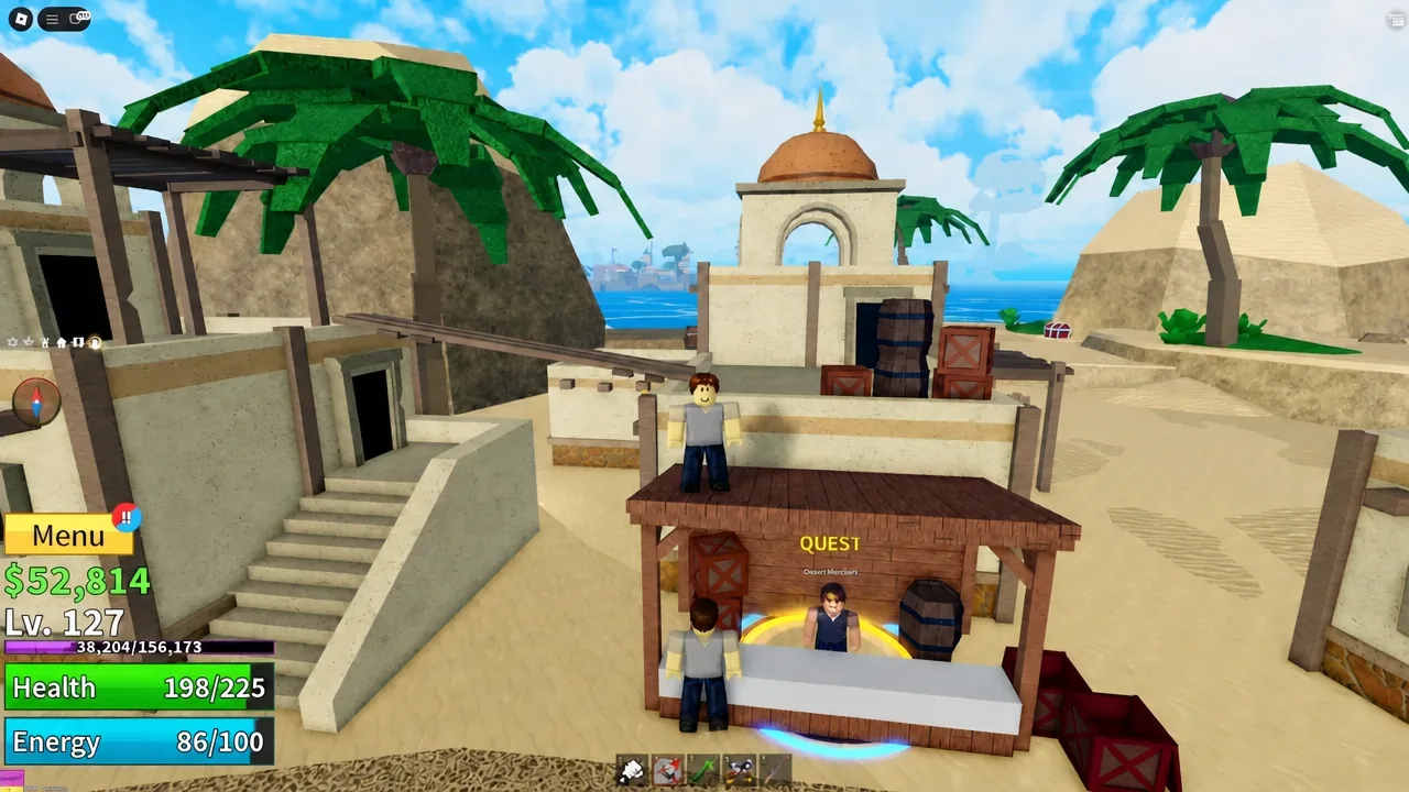 Quest marker glowing above the Desert Merchant's stall as the player walks up to him