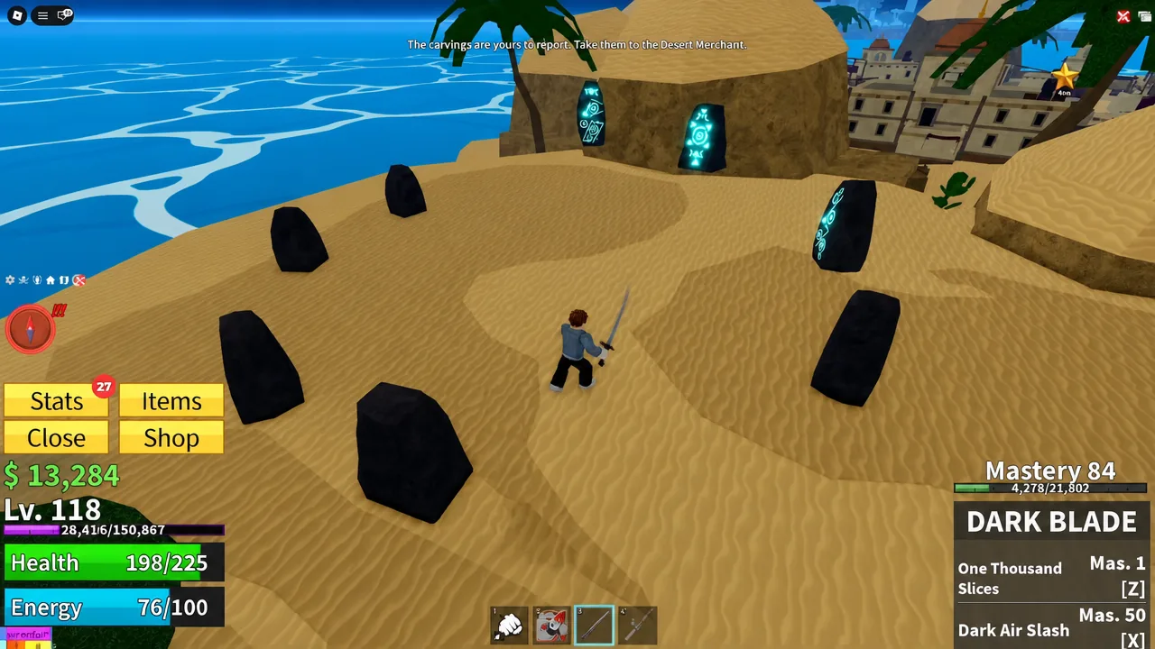 Player carrying the carvings back toward the Desert Merchant in the village