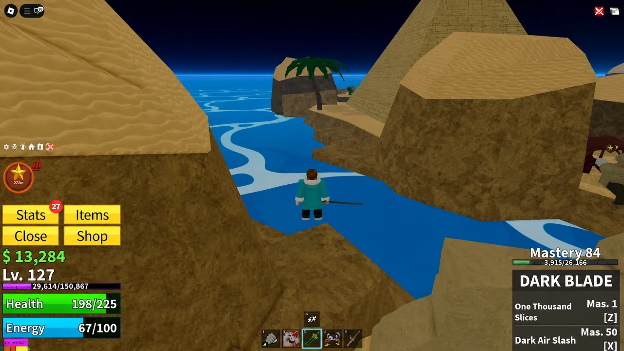 Blox Fruits hotbar with the Dark Blade slot selected before starting the desert puzzle