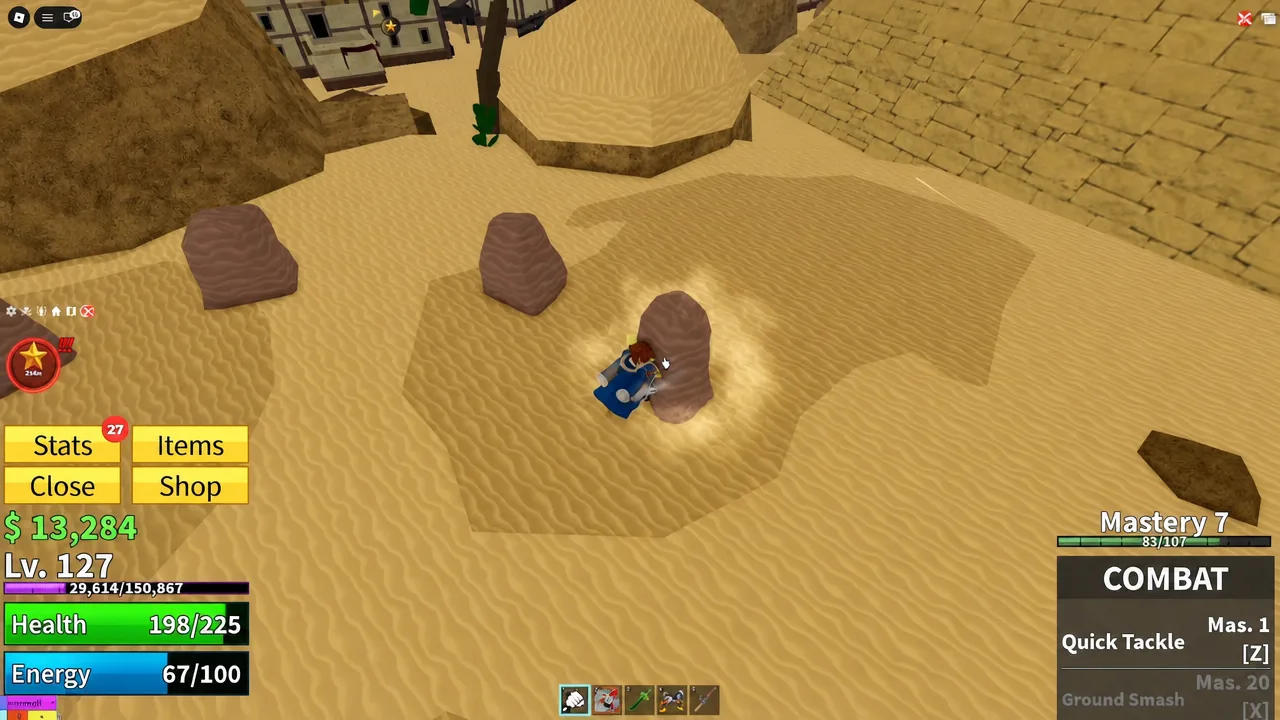 Player striking one of the desert stones with a melee attack from the combat panel