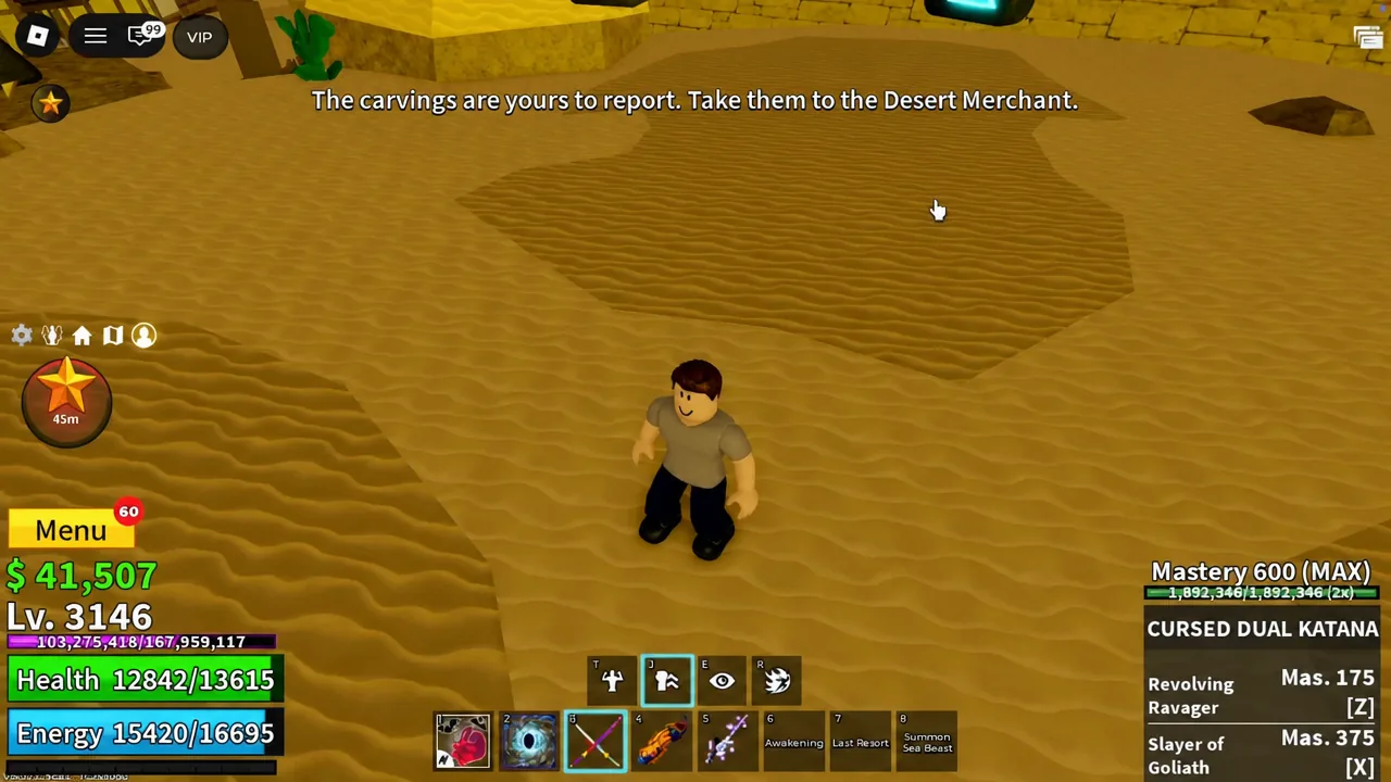 On-screen objective telling the player to take the carvings to the Desert Merchant