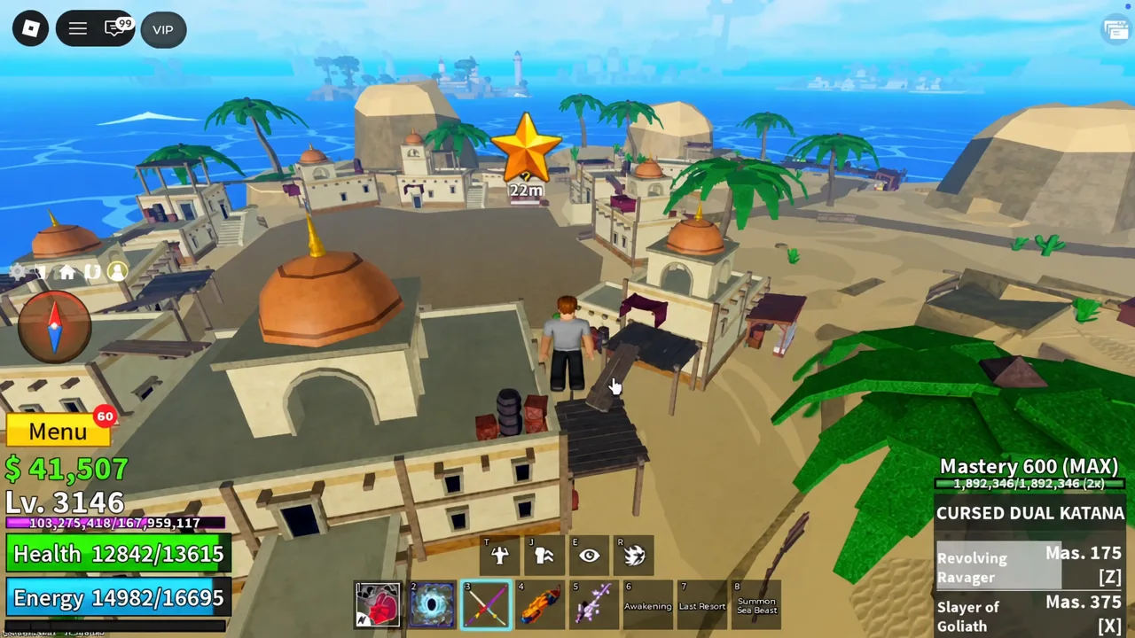 Objective marker showing 22m to the Desert Merchant while the player runs toward the village