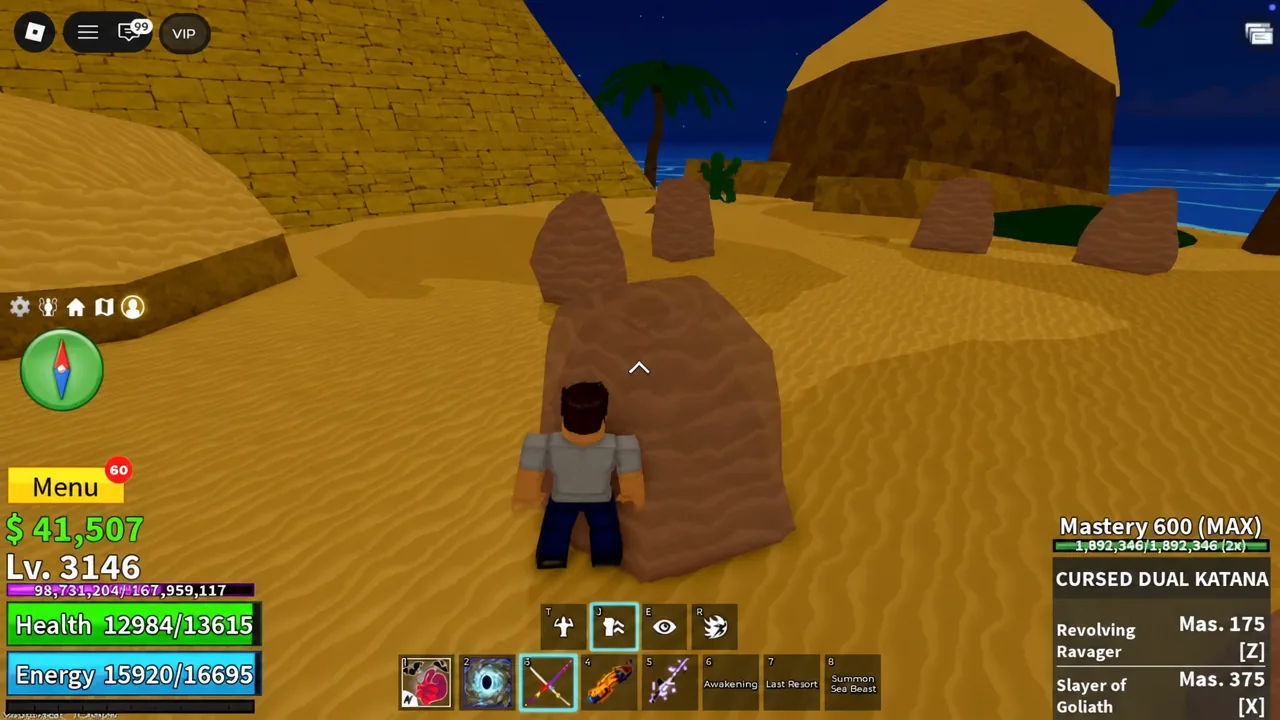Player character standing next to one of the sand-covered desert stones with a sword selected