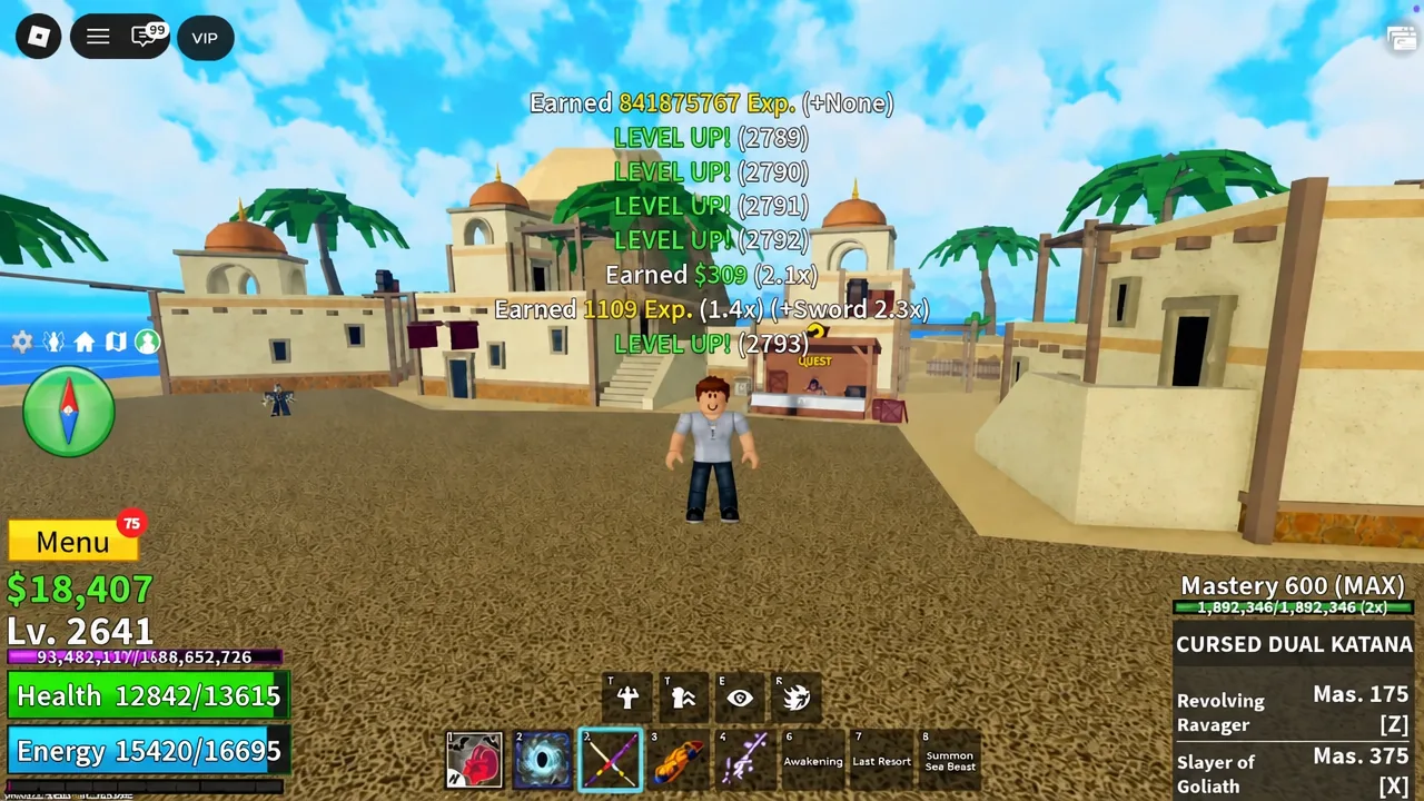 Blox Fruits hotbar with the Cursed Dual Katana equipped and its Mastery 600 MAX panel open