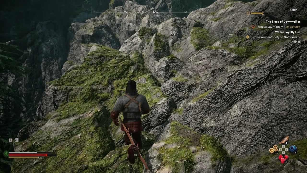 Coen descending a steep rocky mountainside with the quest tracker showing the active objective