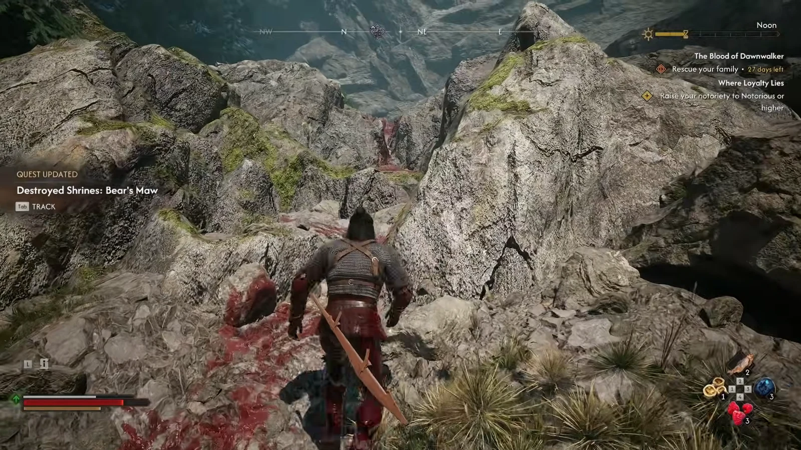 Coen at the ruined Bear's Maw shrine as the Destroyed Shrines quest updates on screen
