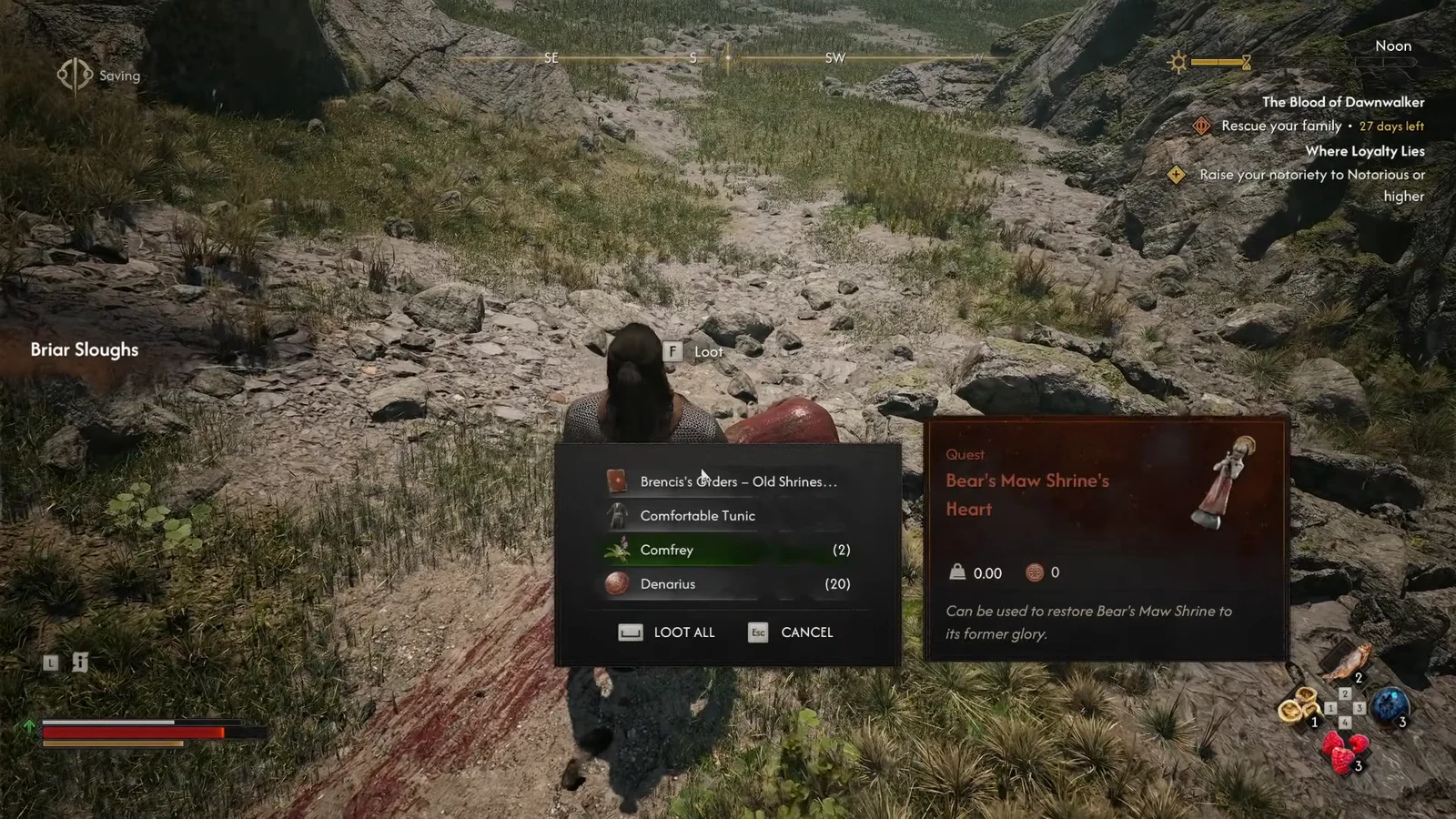 Loot window on the corpse with Comfrey highlighted and the Bear's Maw Shrine's Heart listed