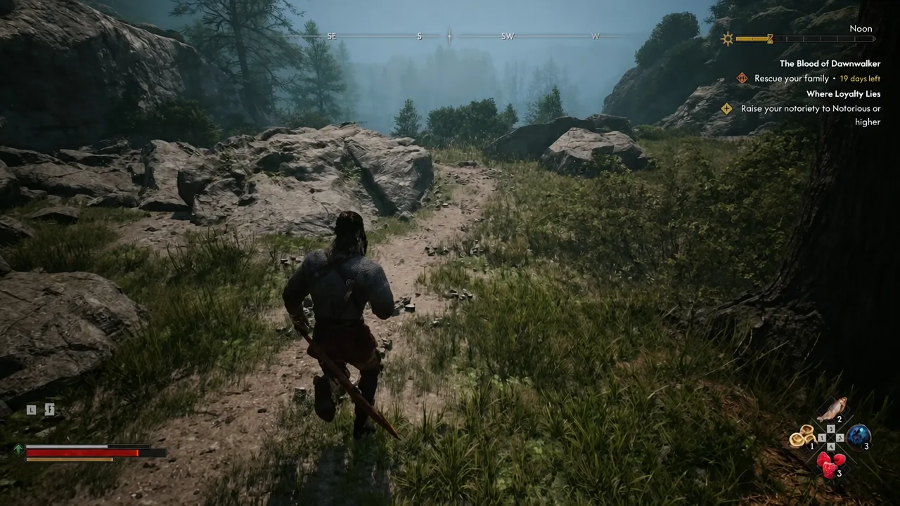 Coen running back along a forest path in The Blood of Dawnwalker toward the shrine