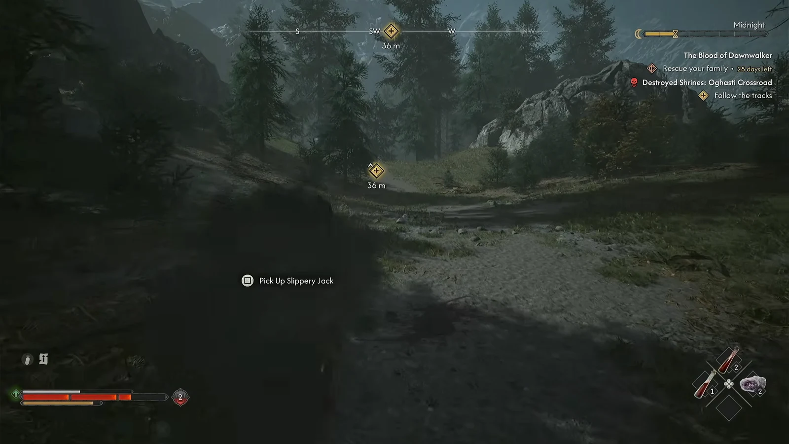 A pickup prompt for Slippery Jack appears on a wooded path while following the quest marker