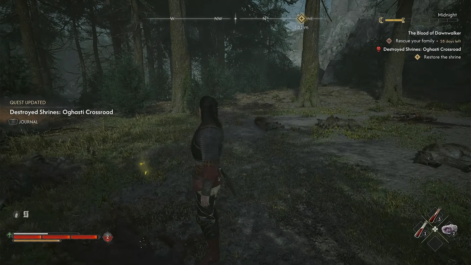Quest update on screen showing Destroyed Shrines: Oghasti Crossroad with the Restore the shrine objective