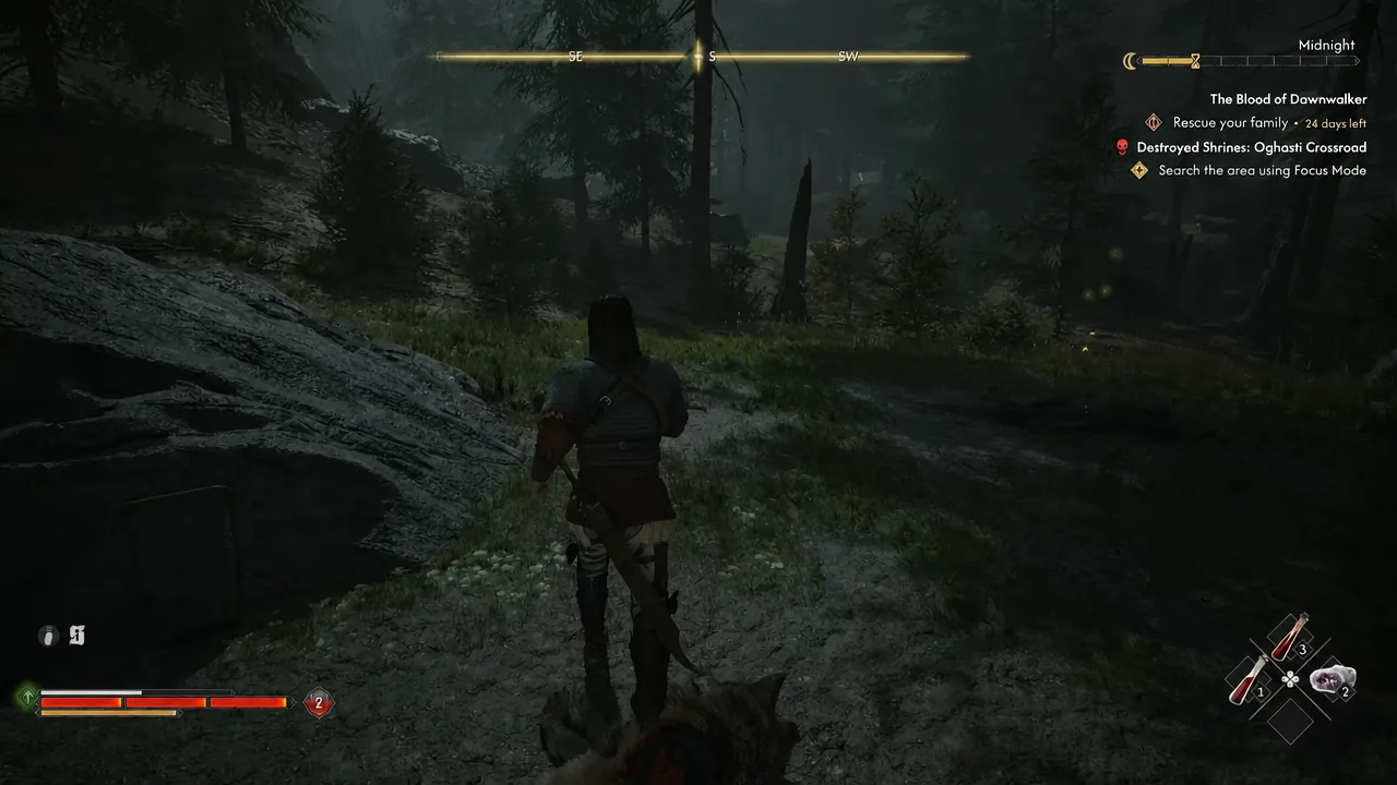 The objective Search the area using Focus Mode displayed while standing in the forest clearing