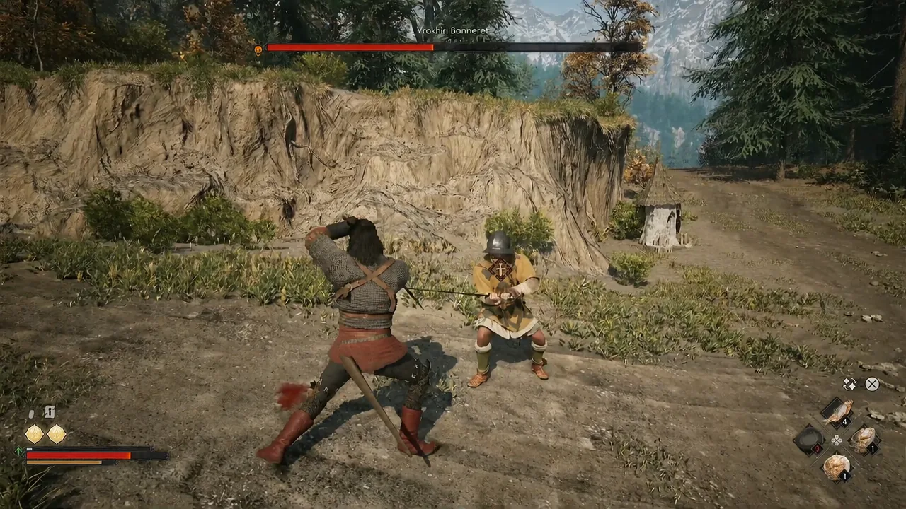 Melee exchange with the last yellow-armoured soldier guarding the Small Bridge shrine