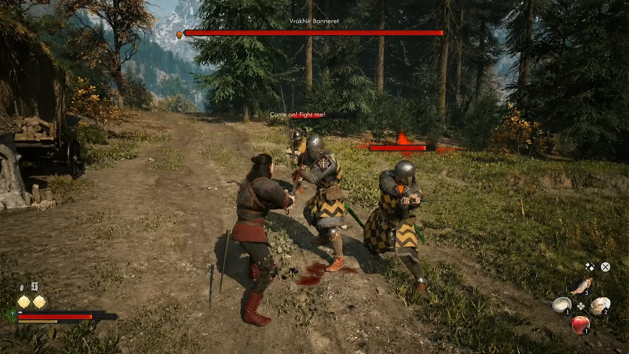 Two armoured enemies engaged at once, with the right-hand one marked by an orange target