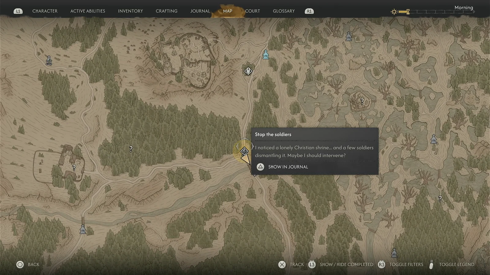 Map screen showing the Stop the soldiers objective with the Show in Journal option