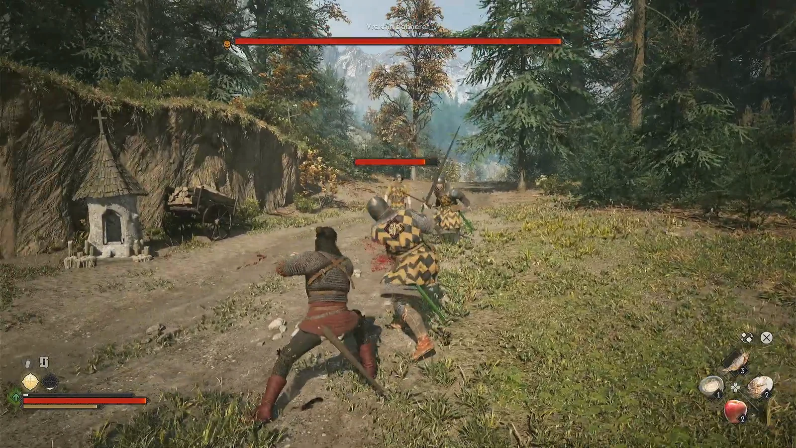 Coen swinging his sword at an armoured soldier in a forest clearing near the shrine