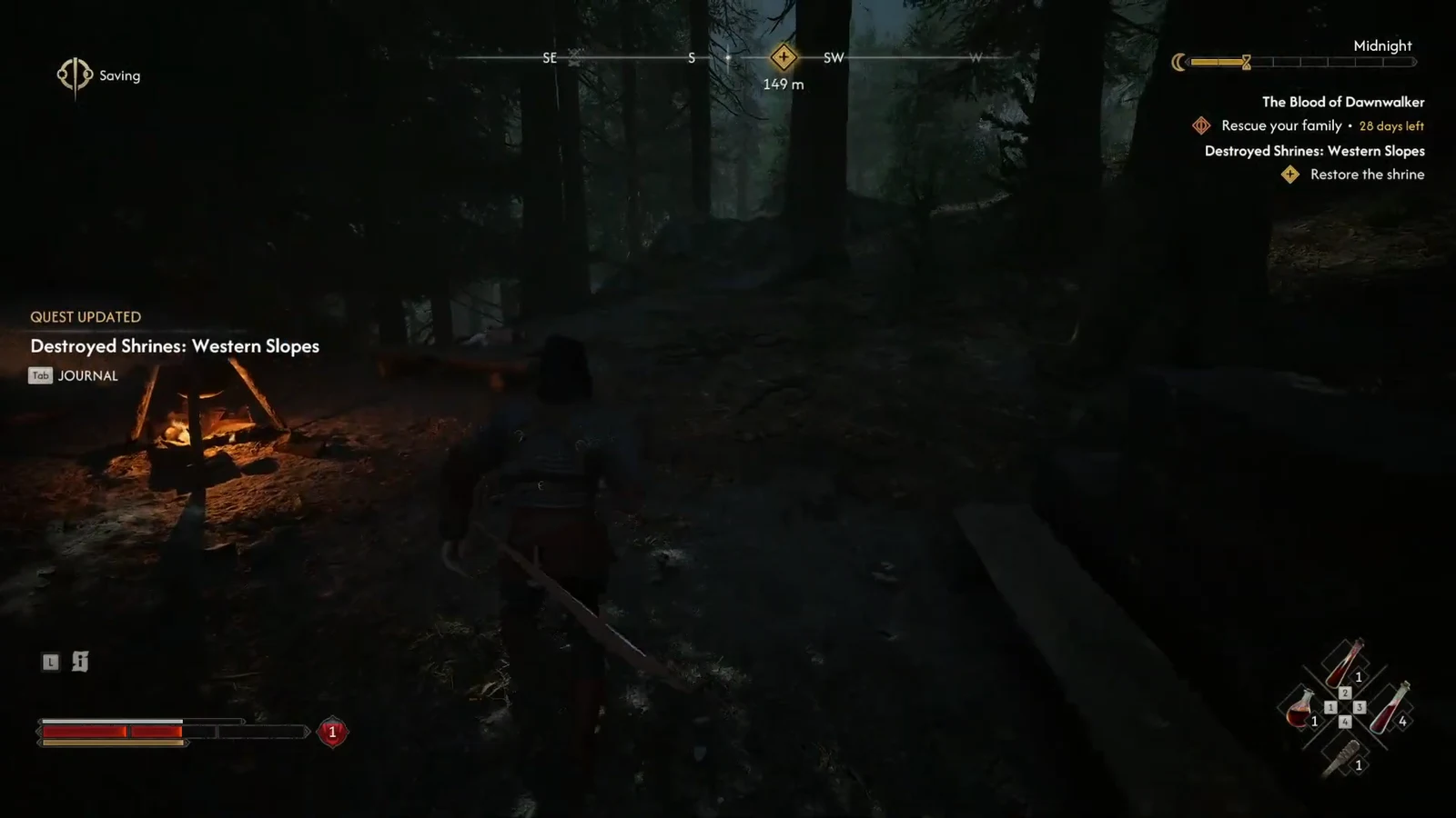 Quest update telling the player to restore the shrine, with a 149 meter distance marker
