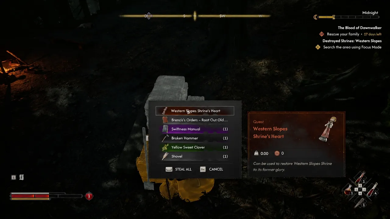 Loot window with the Western Slopes Shrine's Heart selected and its quest item description shown